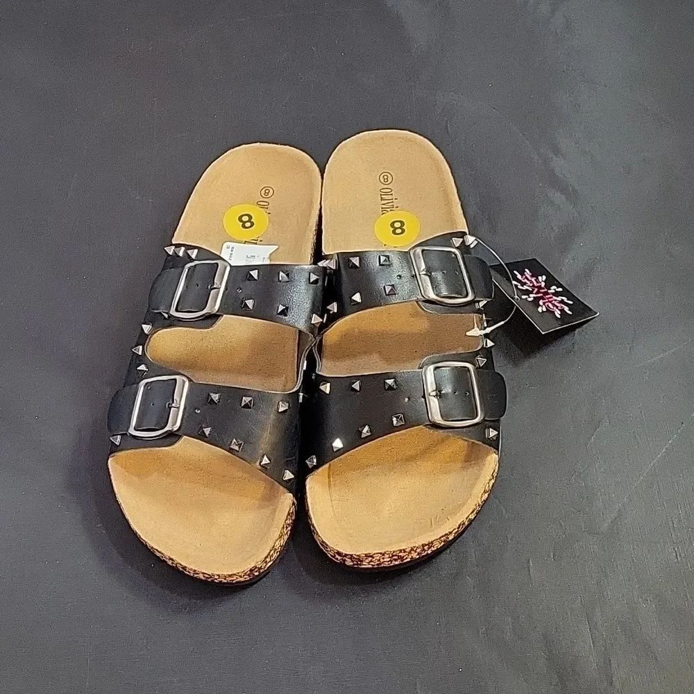 BRAND NEW OLIVIA MILLER DOUBLE STRAP PYRAMID STUDDED DETAILING ROUND TOE SANDAL - Picture 3 of 13